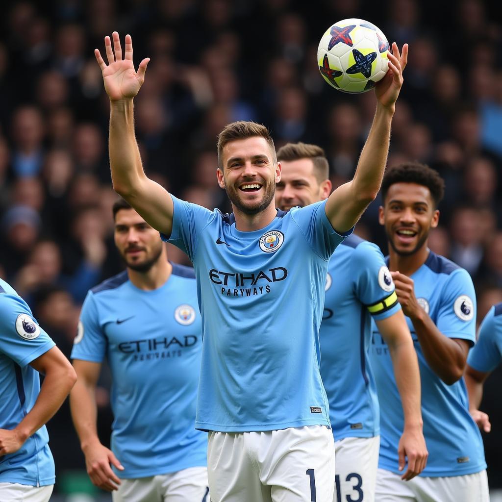 Haaland celebrates after scoring a hat-trick for Manchester City.