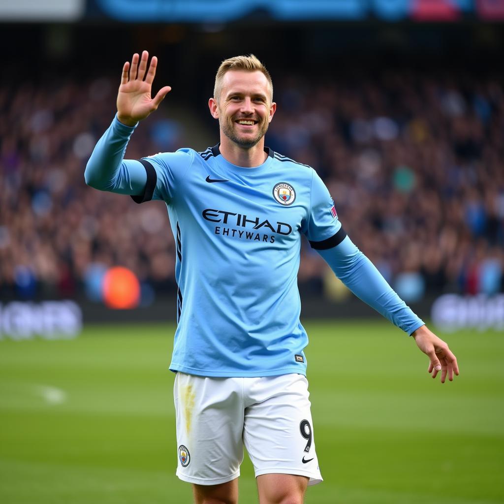 Haaland sporting his Man City jersey at Etihad Stadium