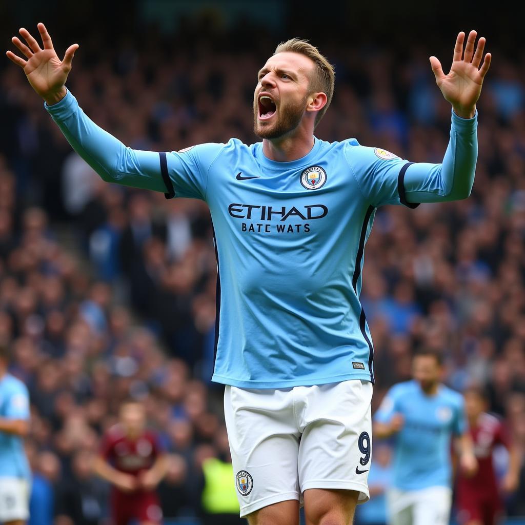 Erling Haaland celebrates a goal in his number 9 Manchester City kit