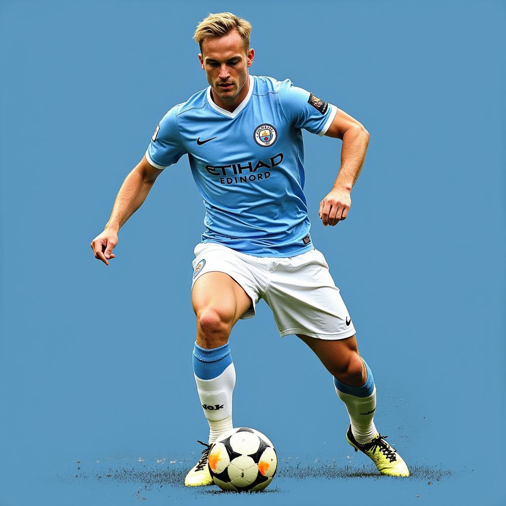 Haaland in the iconic blue kit, ball at his feet, a look of determination on his face