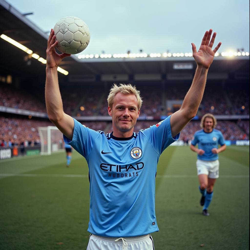 Haaland celebrates a goal with the match ball after scoring a hat-trick for Man City