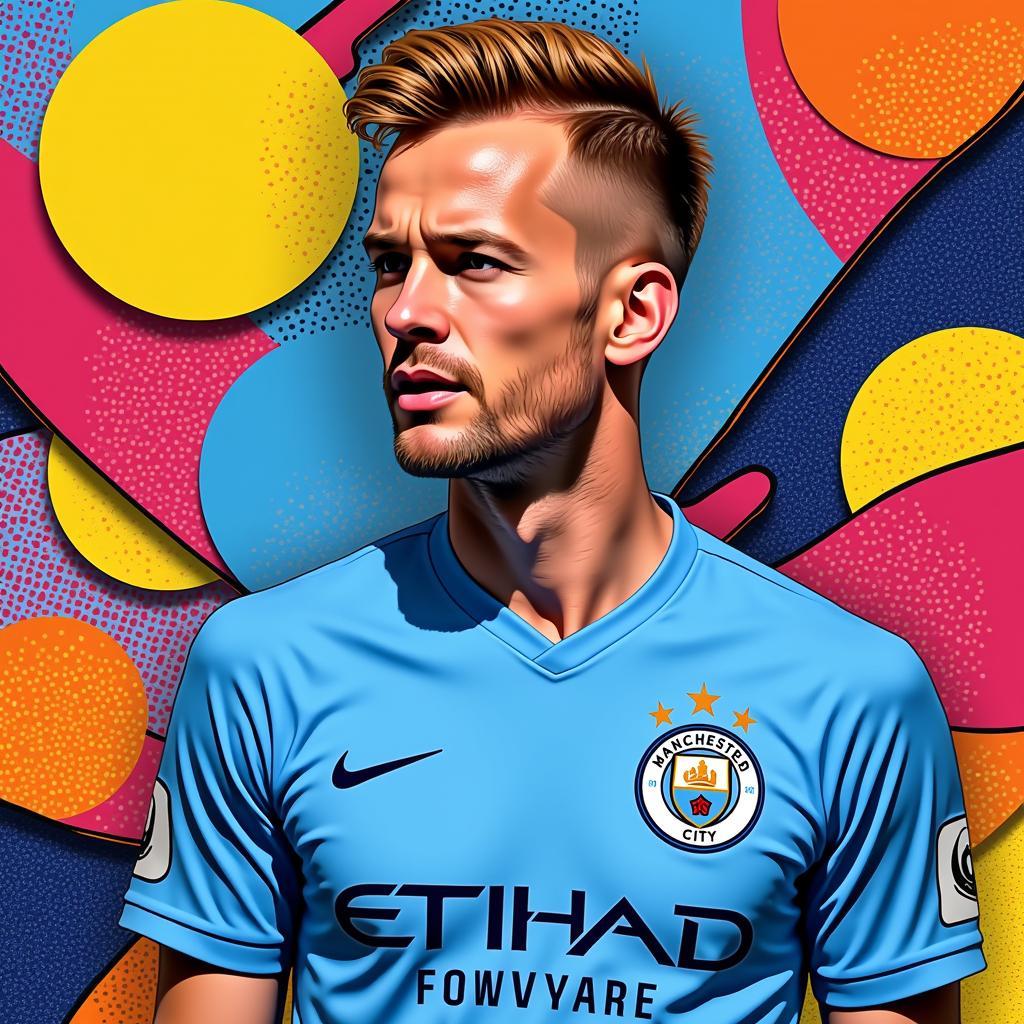 Erling Haaland in his Man City kit with a pop art background.