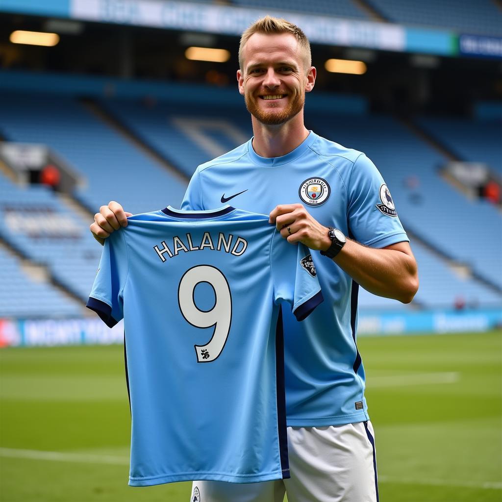 Haaland holding up a Man City shirt