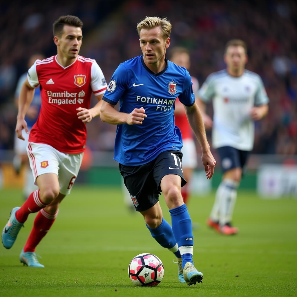 Haaland dribbling past a defender in a Premier League match.