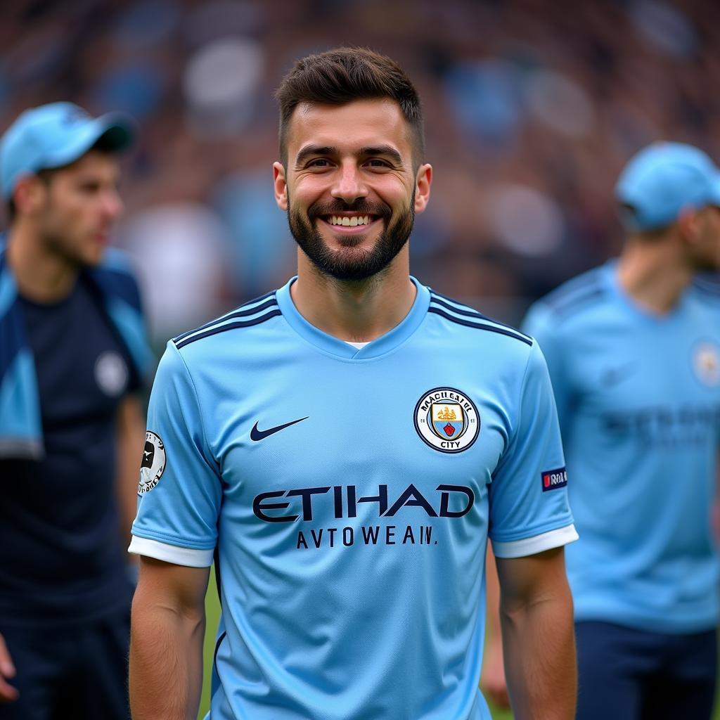 Close-up of a Man City supporter wearing a Haaland t-shirt