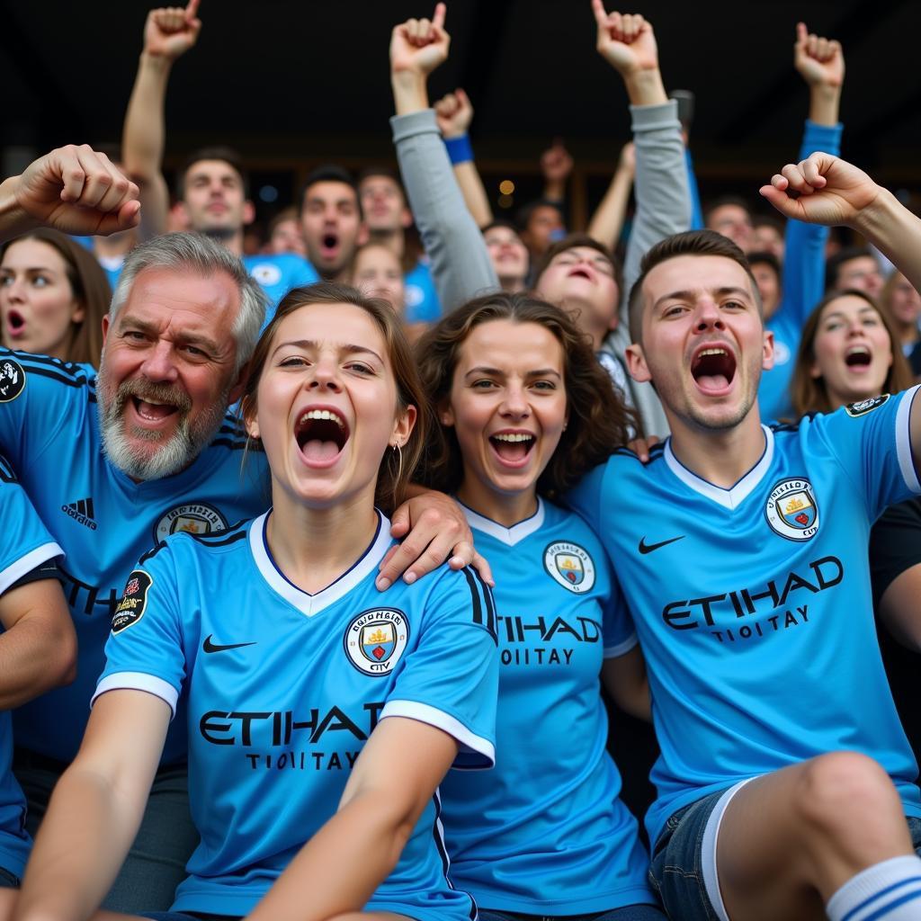 Fans of all ages wearing Haaland's Man City jersey, cheering during a match.