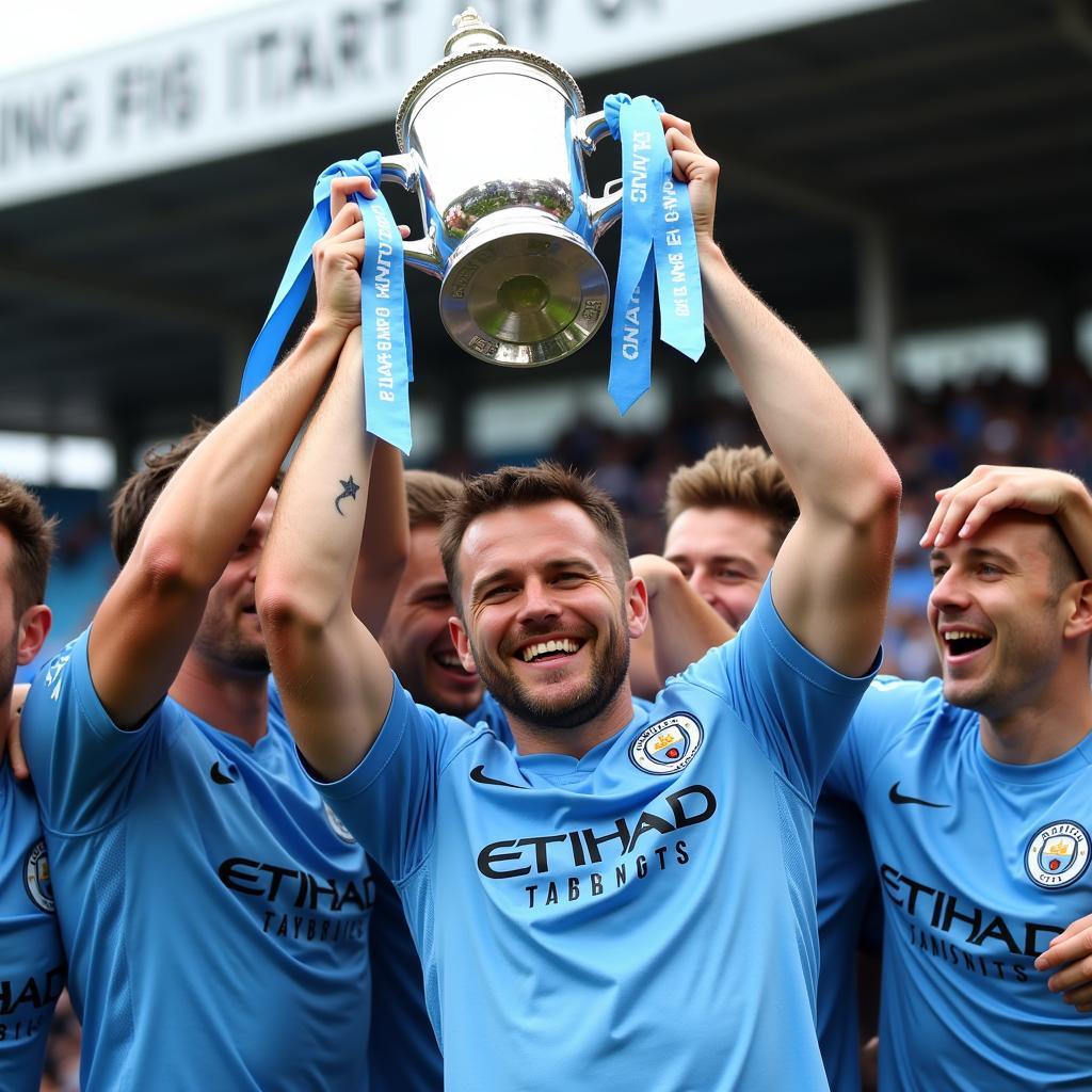 Erling Haaland lifts a trophy with Manchester City.