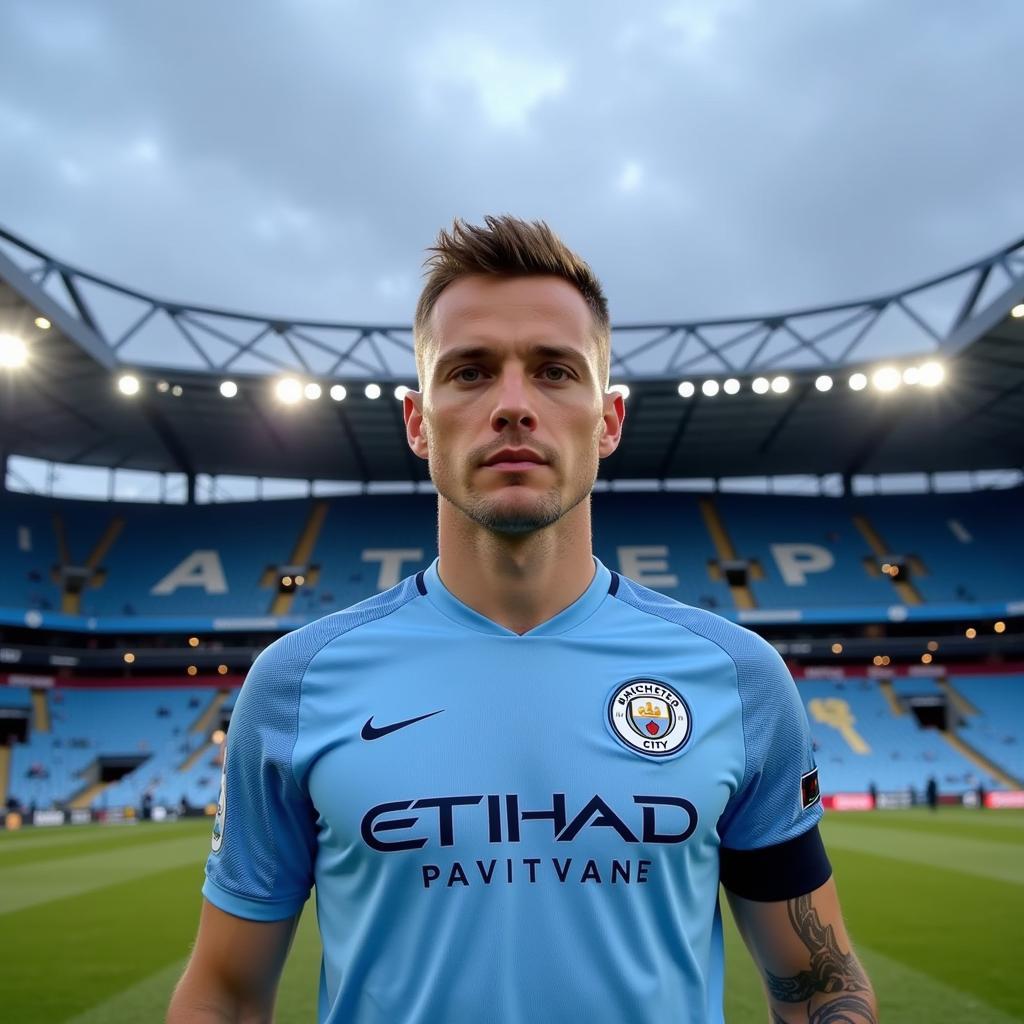 Erling Haaland in his Manchester City kit, eyes focused on the ball