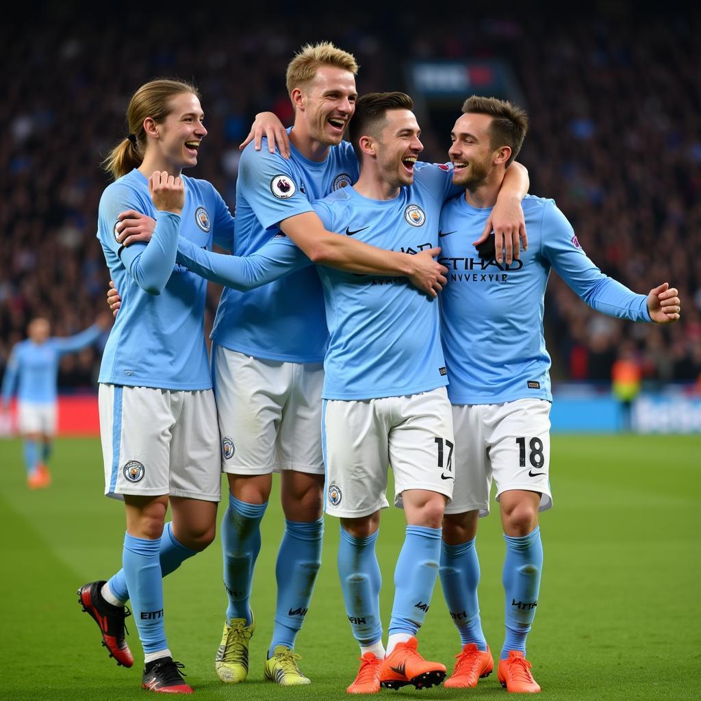 Haaland celebrating a goal with Manchester City teammates