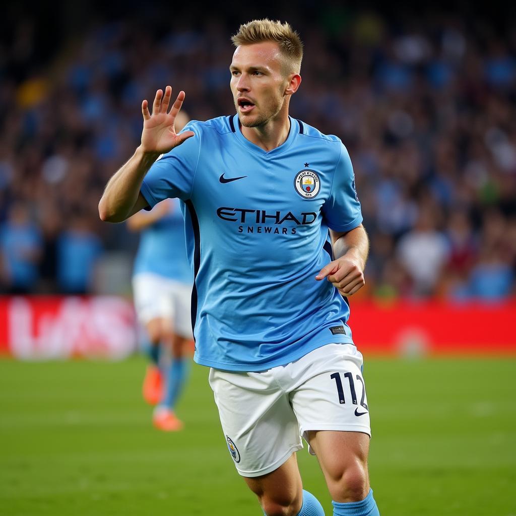 Haaland performing the buzzer celebration in a Manchester City kit