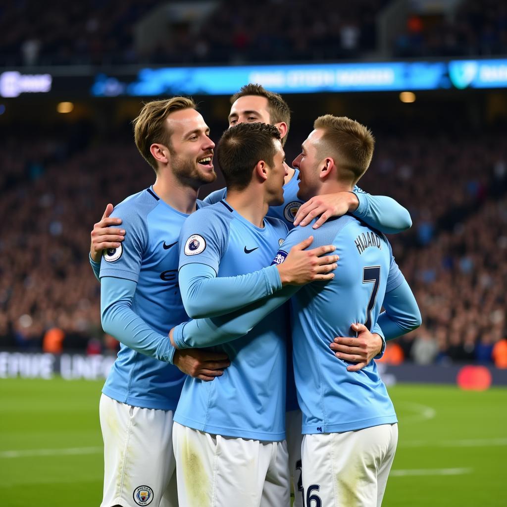 Haaland celebrating with his Manchester City teammates