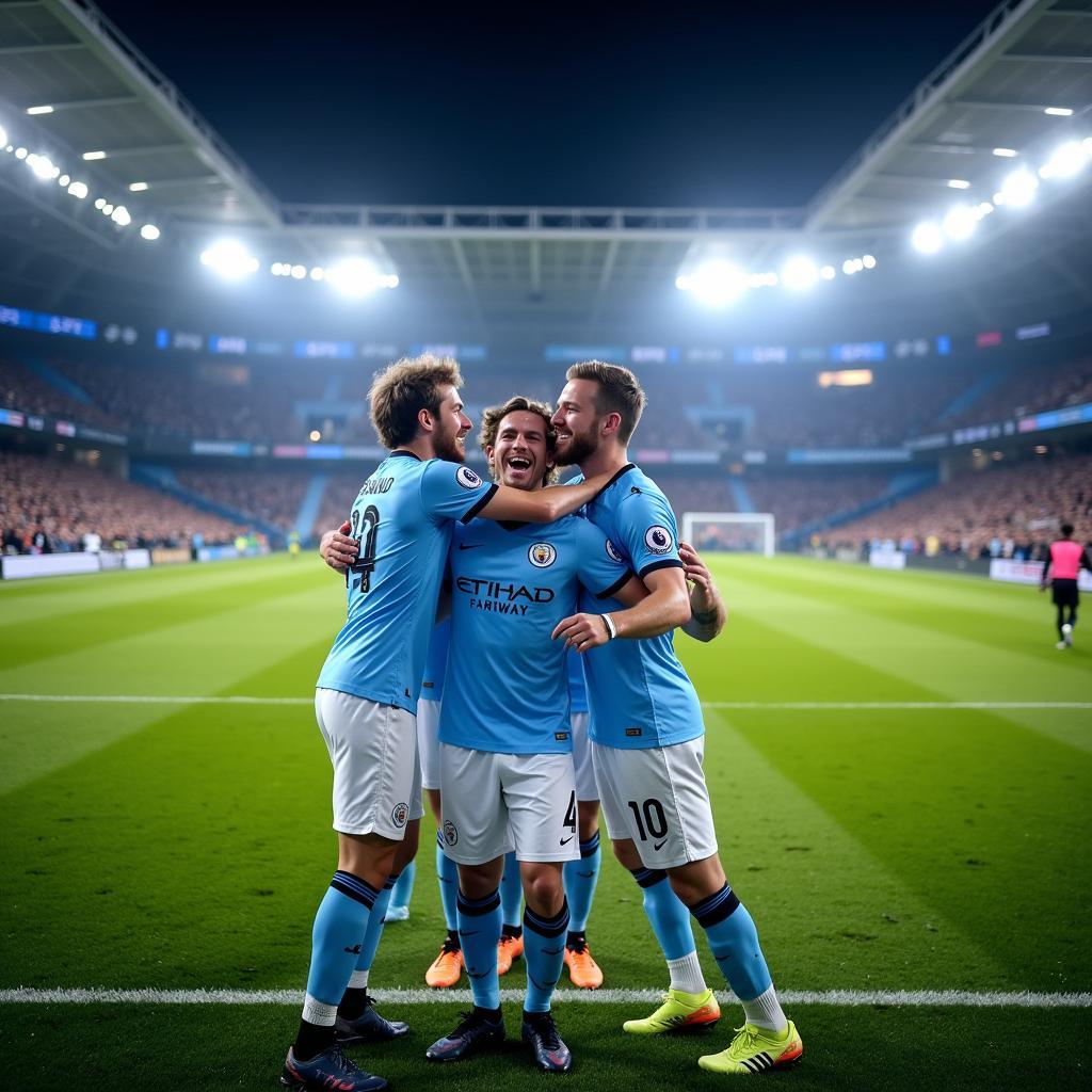 Haaland celebrating a goal with his Man City teammates