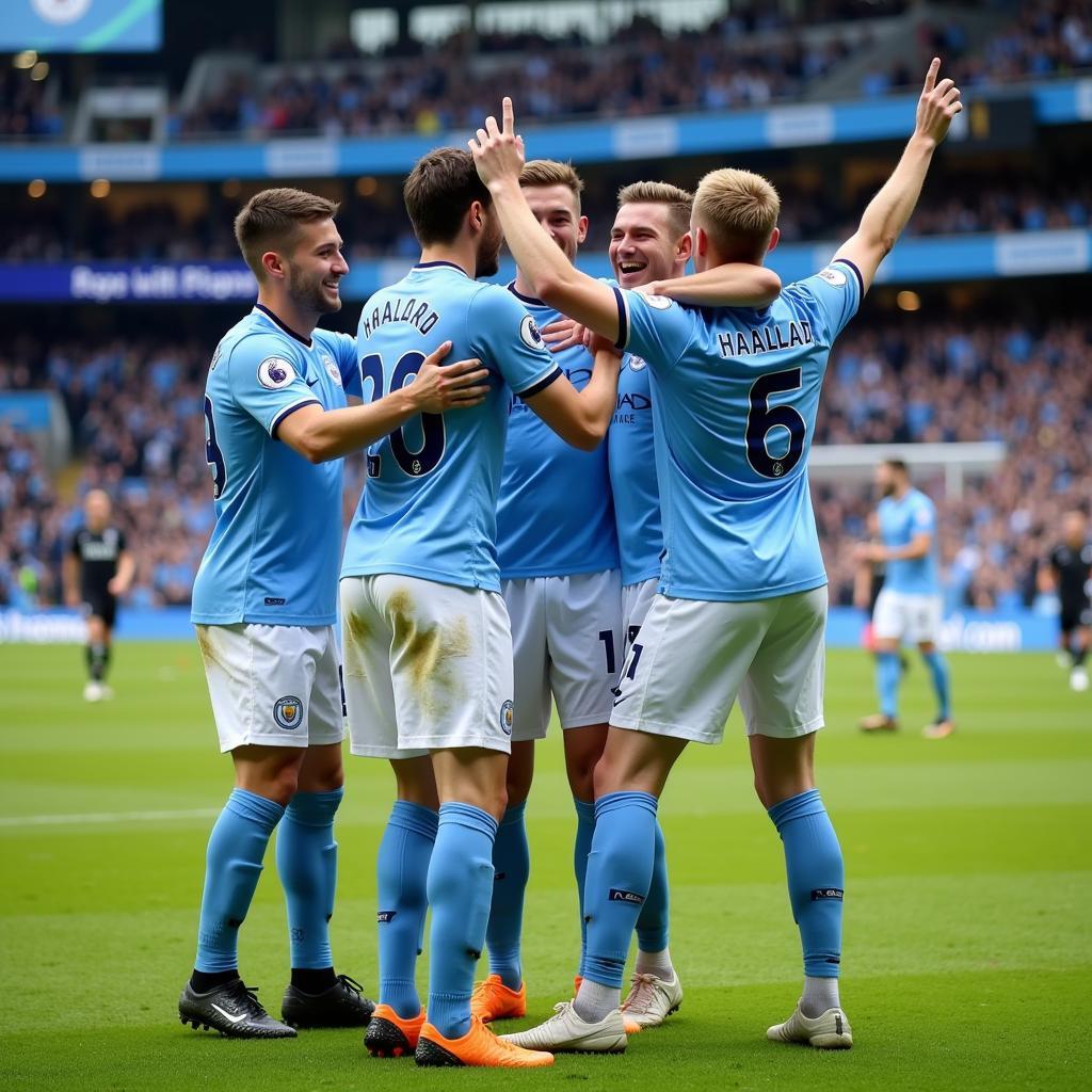 Haaland celebrates a goal with his Manchester City teammates