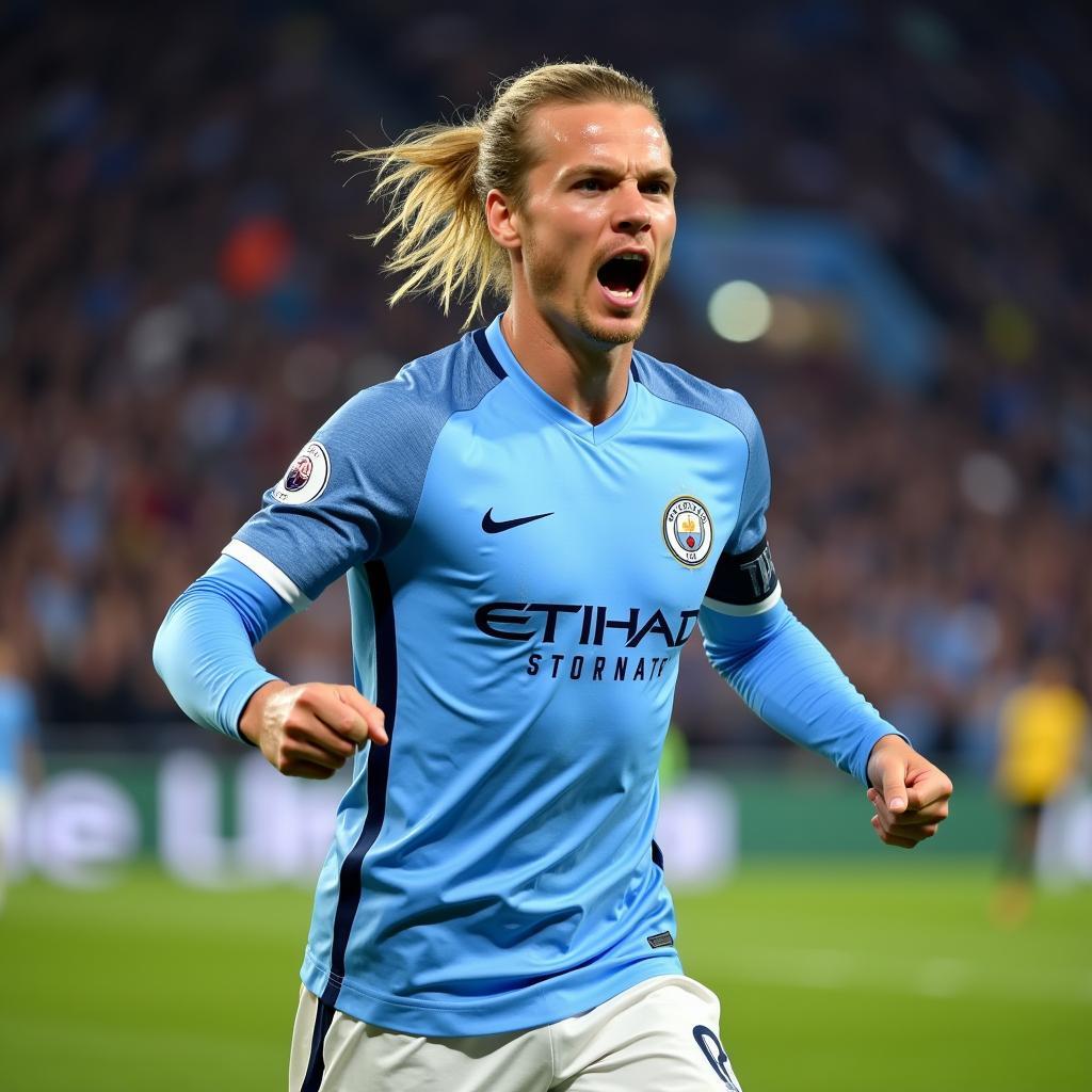 Haaland celebrating a Champions League goal in a Manchester City kit