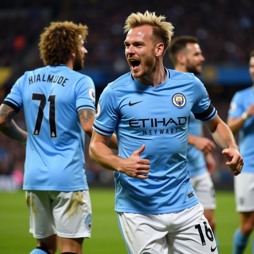 Erling Haaland celebrates a goal with his Manchester City teammates