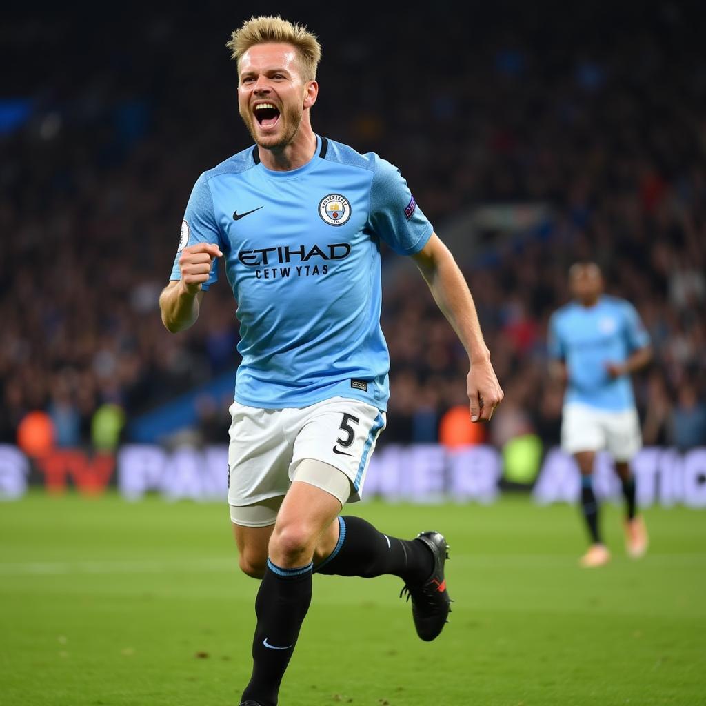 Haaland celebrating a goal in a Manchester City kit