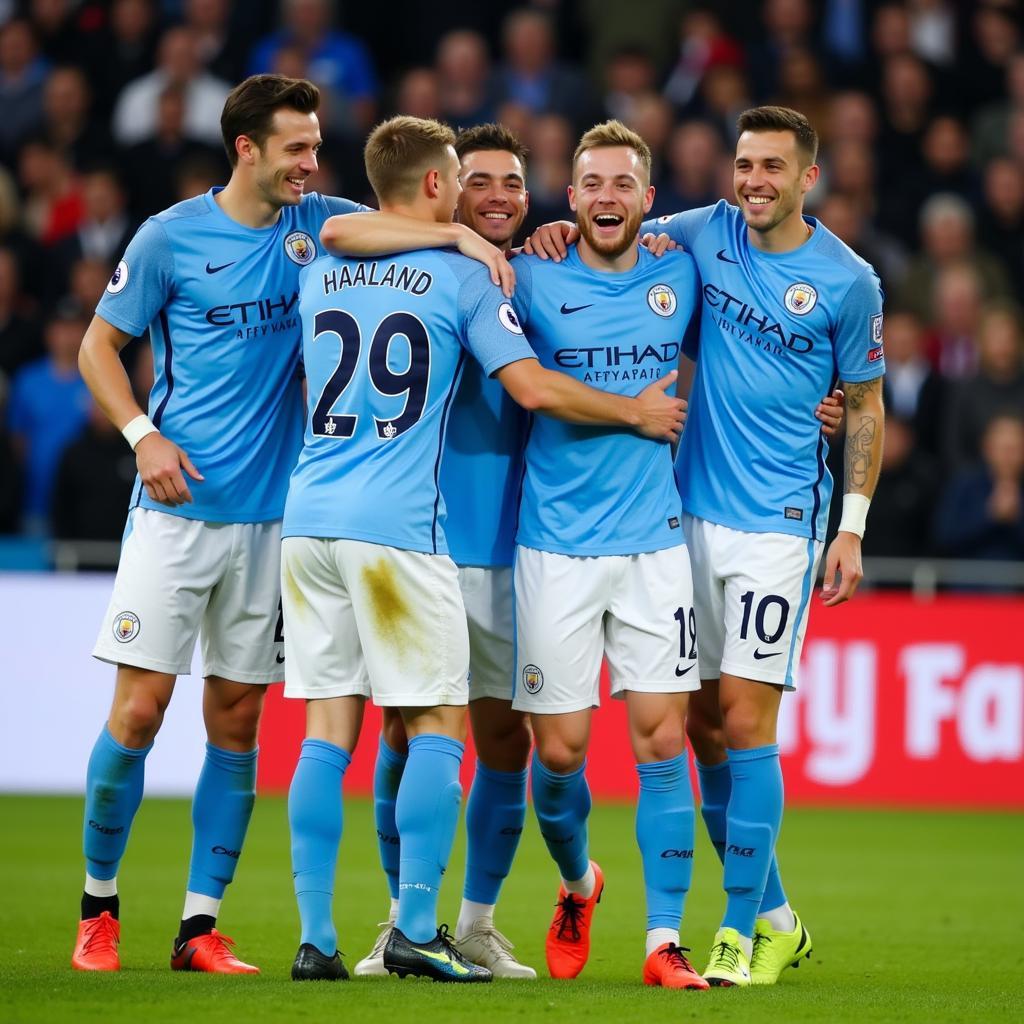 Haaland celebrates with his Manchester City teammates