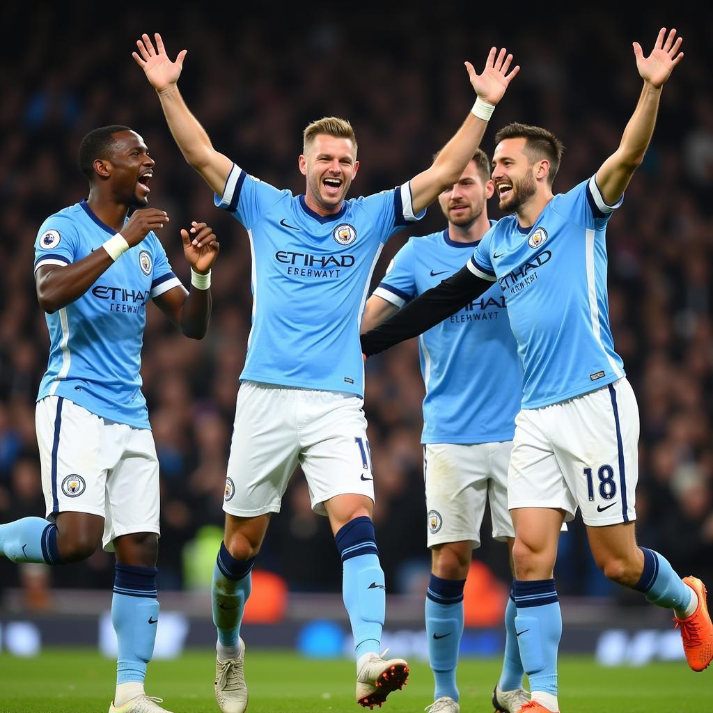 Haaland celebrates a win with his Manchester City teammates