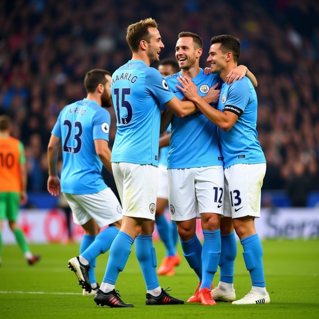 Haaland celebrates a victory with his Manchester City teammates