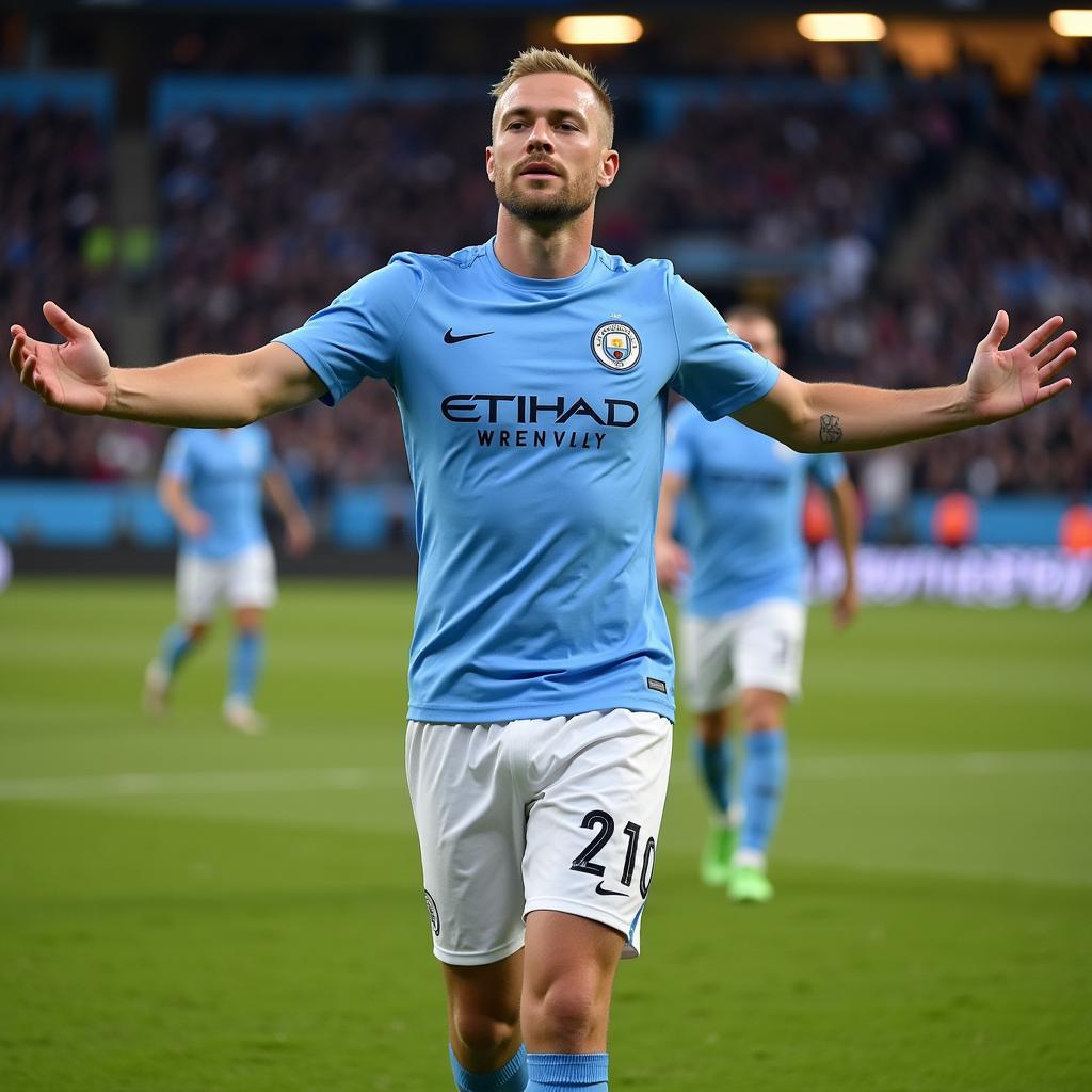 Haaland celebrates a goal for Manchester City with his signature meditation pose