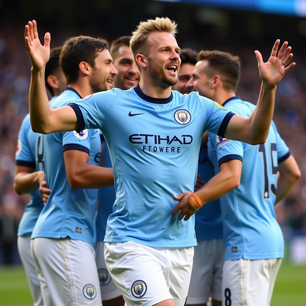 Erling Haaland celebrates with his Manchester City teammates.