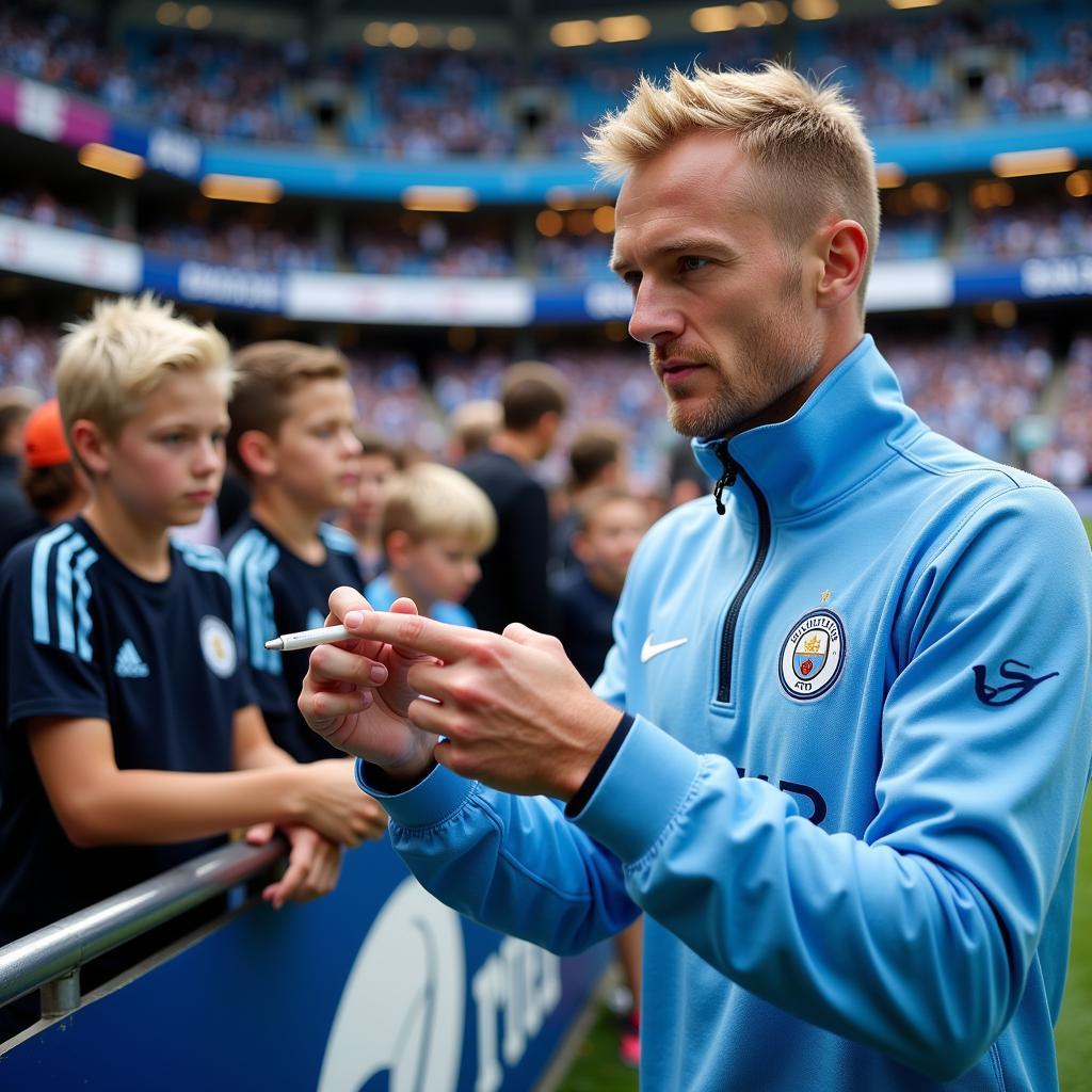 Haaland interacts with Manchester City fans after a match