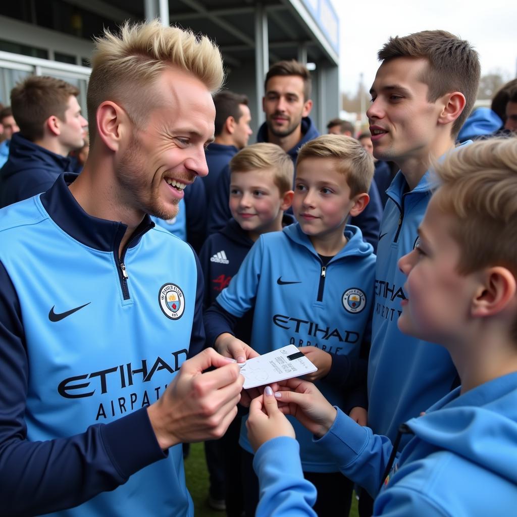 Erling Haaland interacting with young fans at a Manchester City event