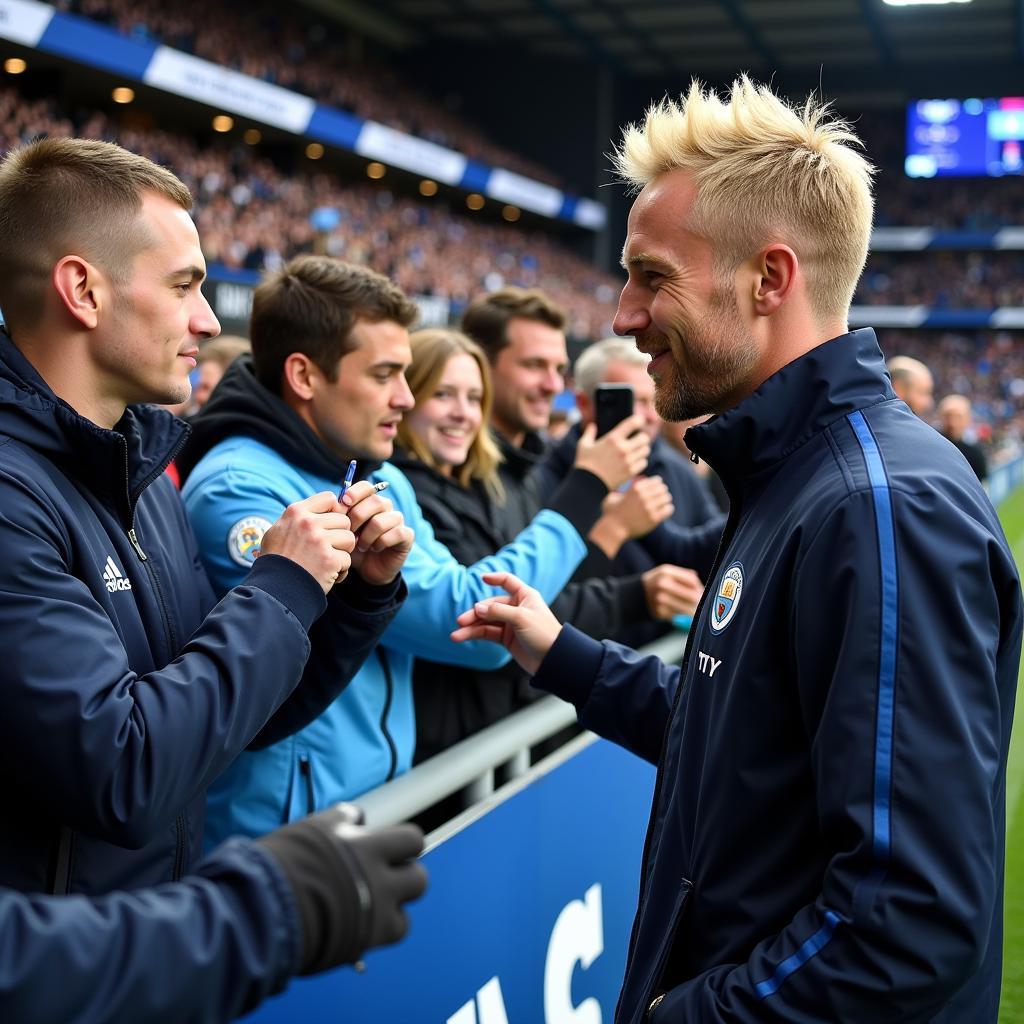 Haaland interacts with Manchester City fans after a match