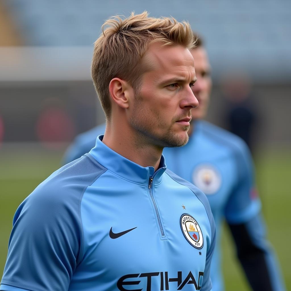 Erling Haaland looks ahead confidently in his Manchester City kit