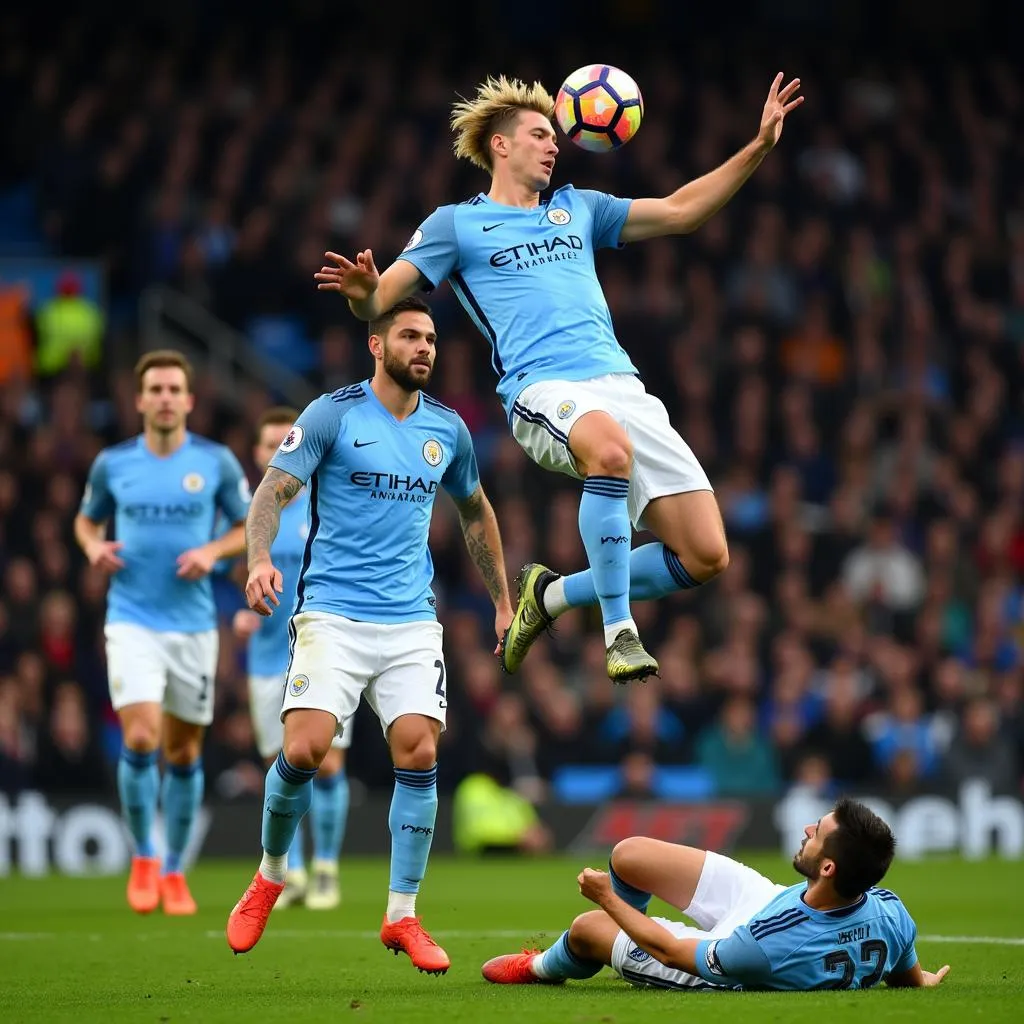 Haaland scores a powerful header for Manchester City in a Champions League game