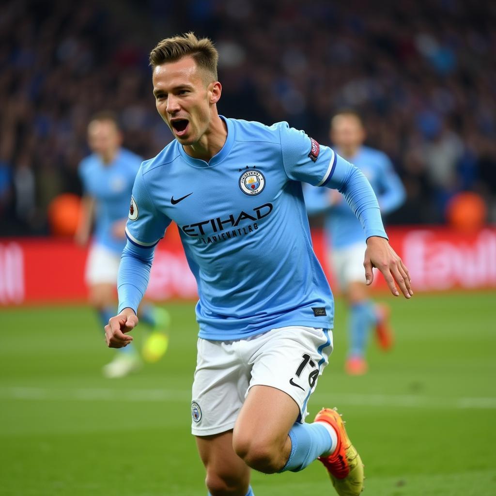 Erling Haaland celebrates a goal for Manchester City in the Champions League.