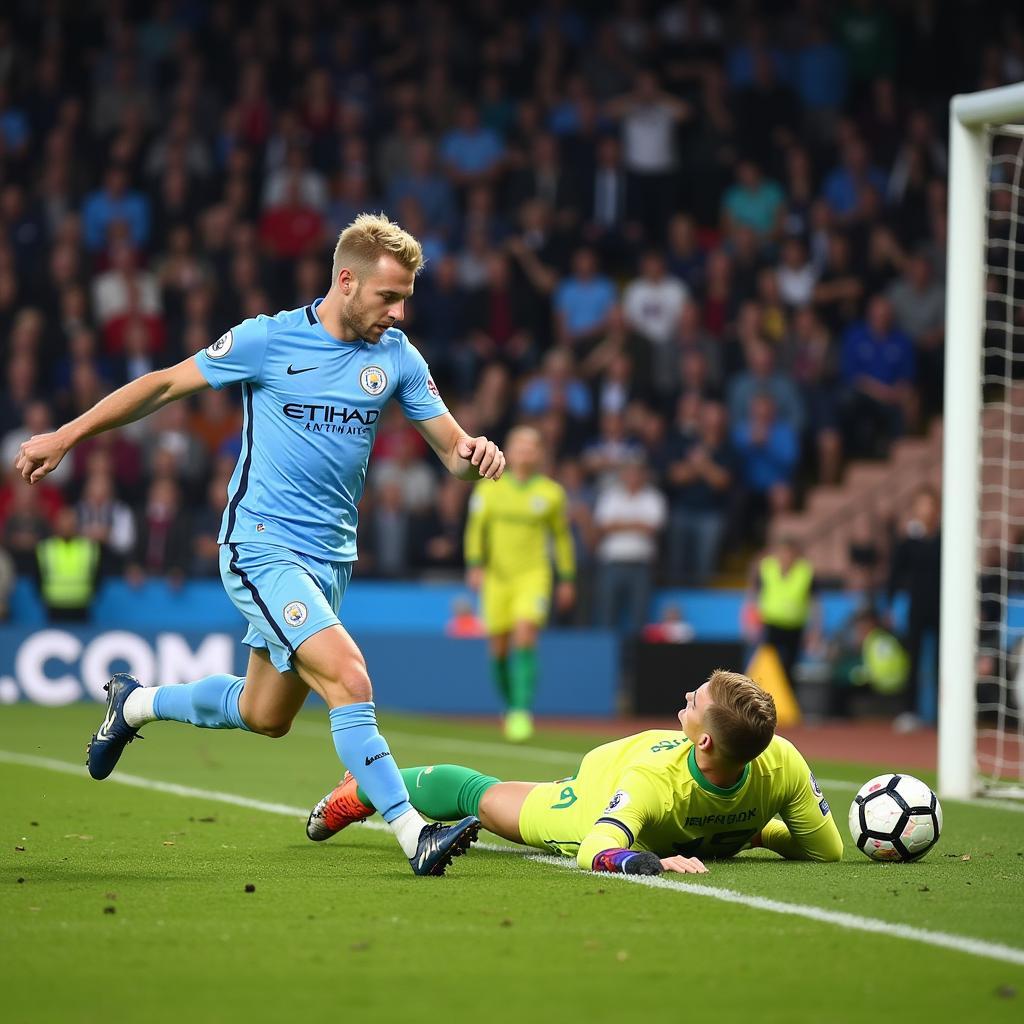 Haaland scores a goal for Manchester City, showcasing his power and precision