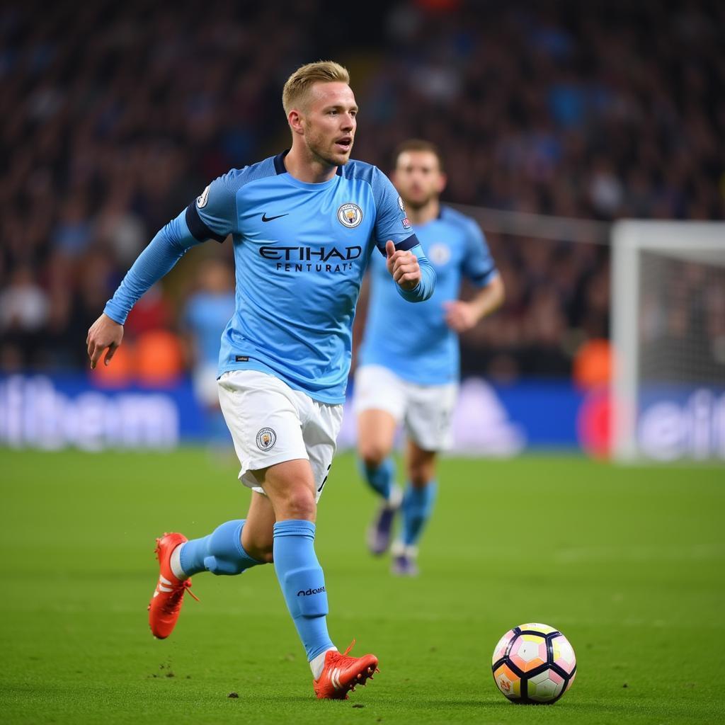 Erling Haaland scoring a goal for Manchester City.