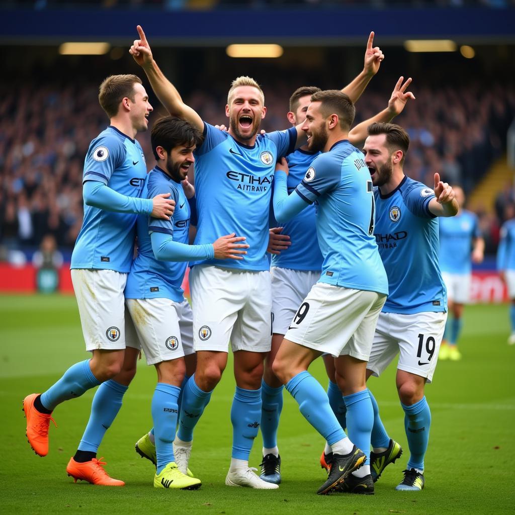 Haaland celebrating a goal with his Manchester City teammates