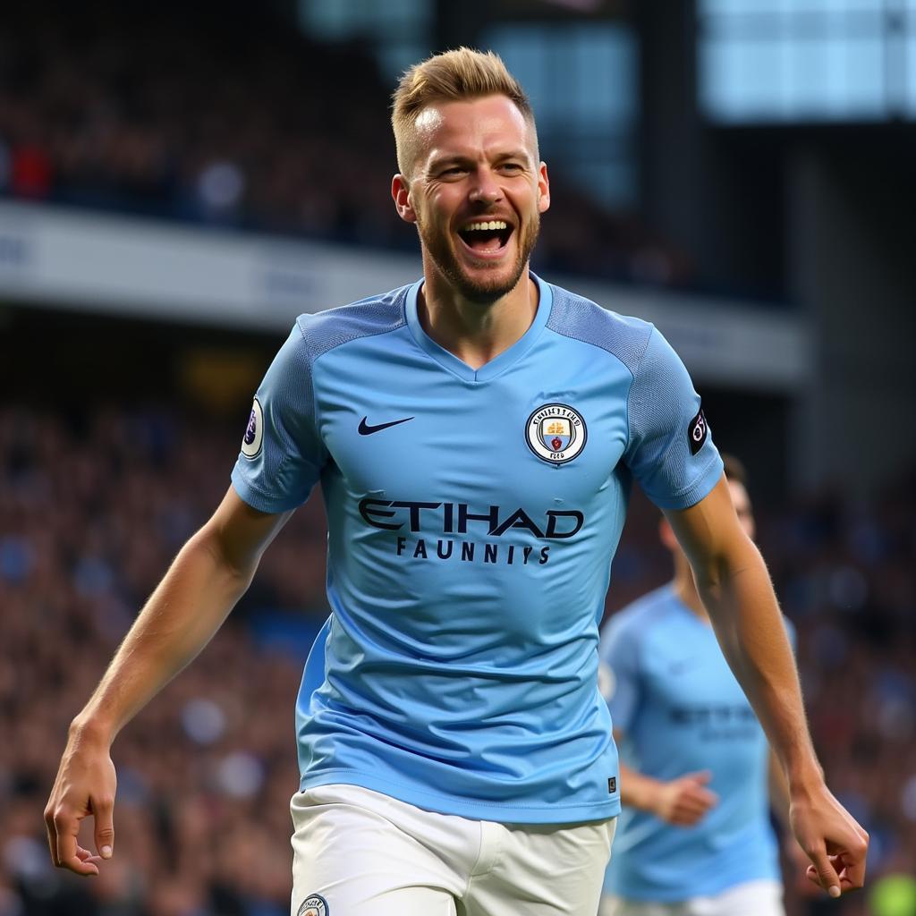 Haaland celebrates a goal in his Manchester City jersey