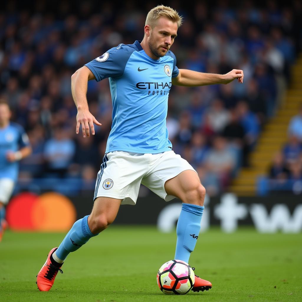 Haaland striking the ball for Manchester City