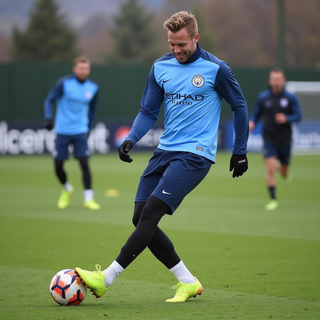 Erling Haaland in Manchester City training gear, practicing his ball control