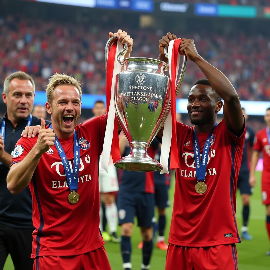 Haaland and Mbappe lifting the Champions League trophy