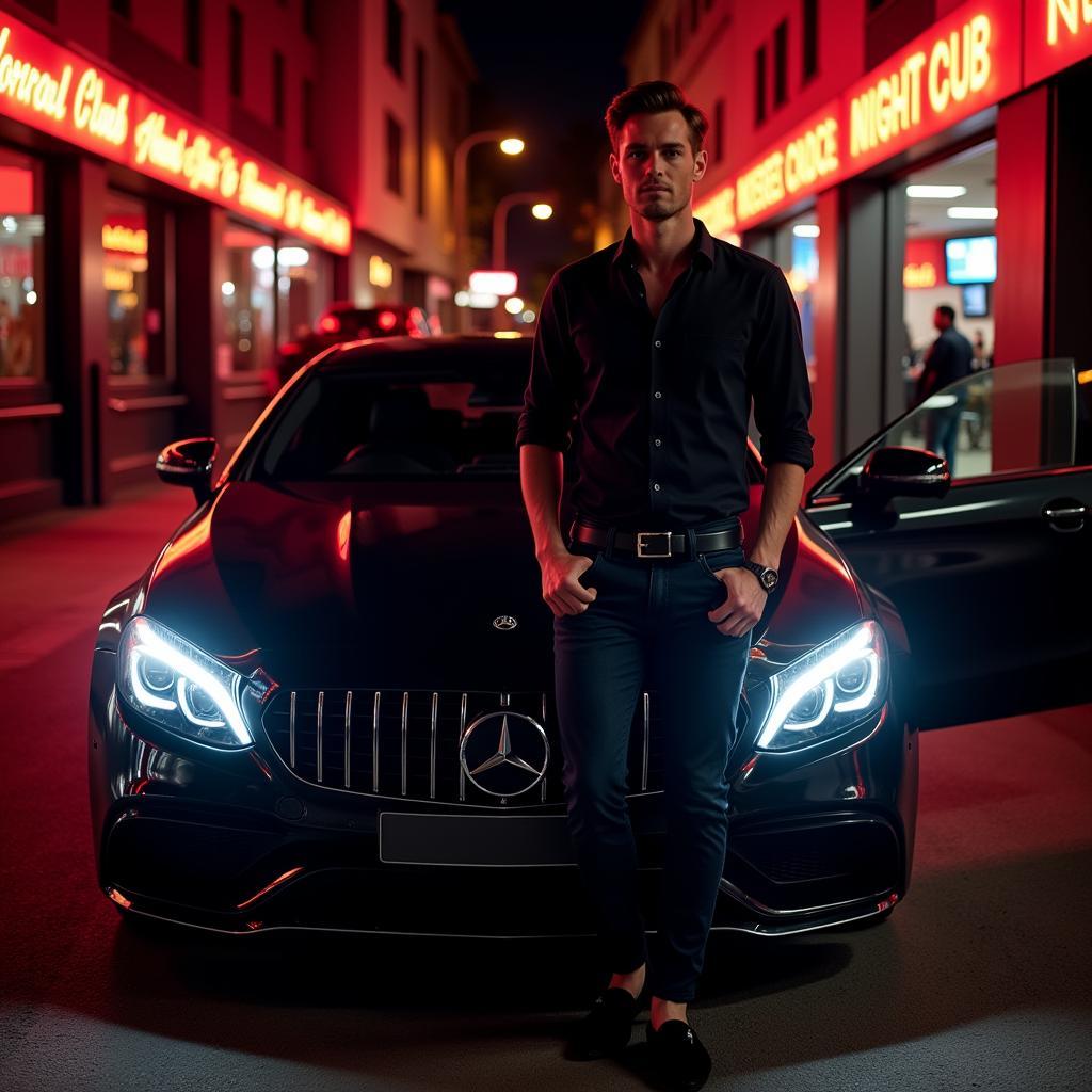 Erling Haaland stepping out of his Mercedes car in front of a vibrant nightclub