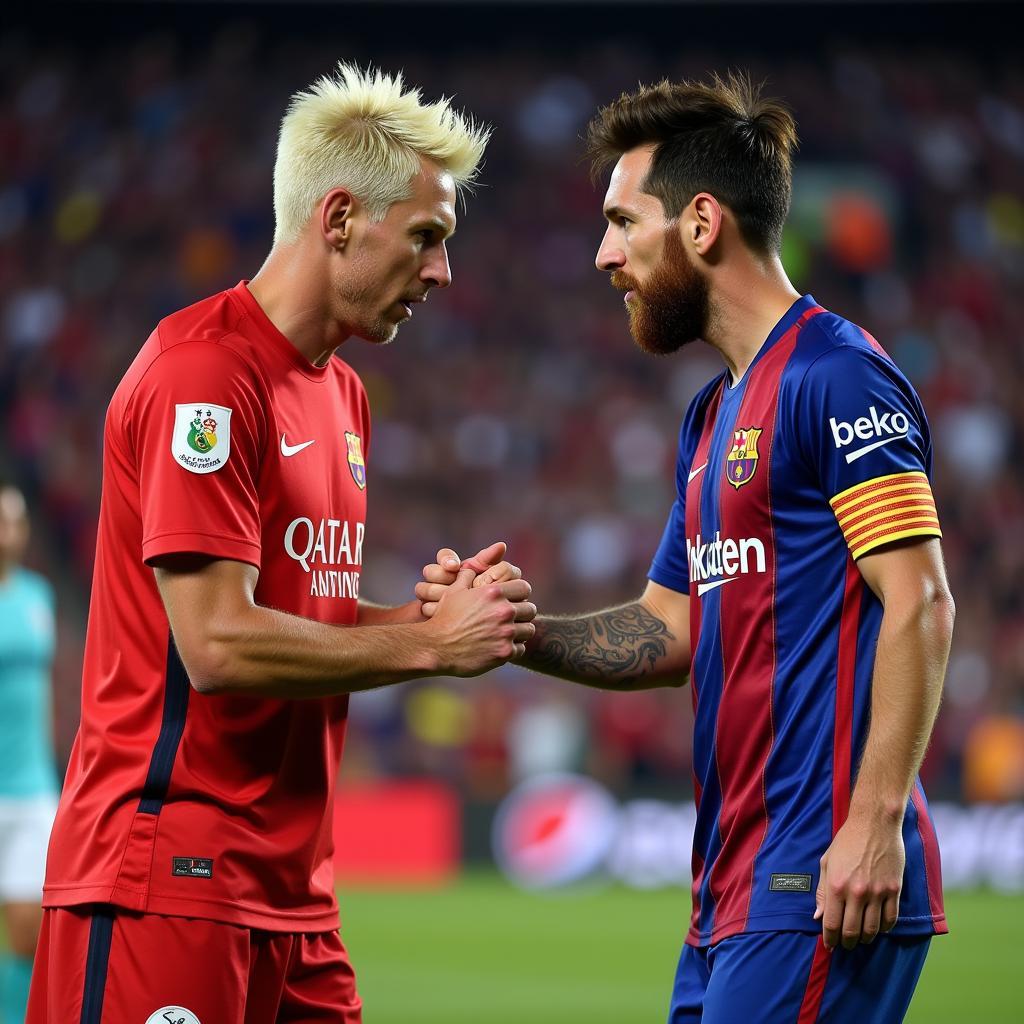 Haaland and Messi shaking hands after a match