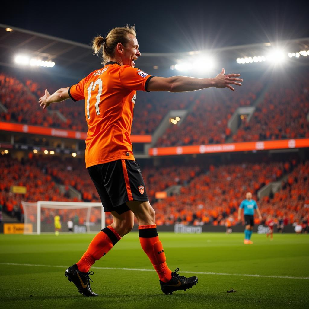 Haaland Celebrating at Mestalla Stadium