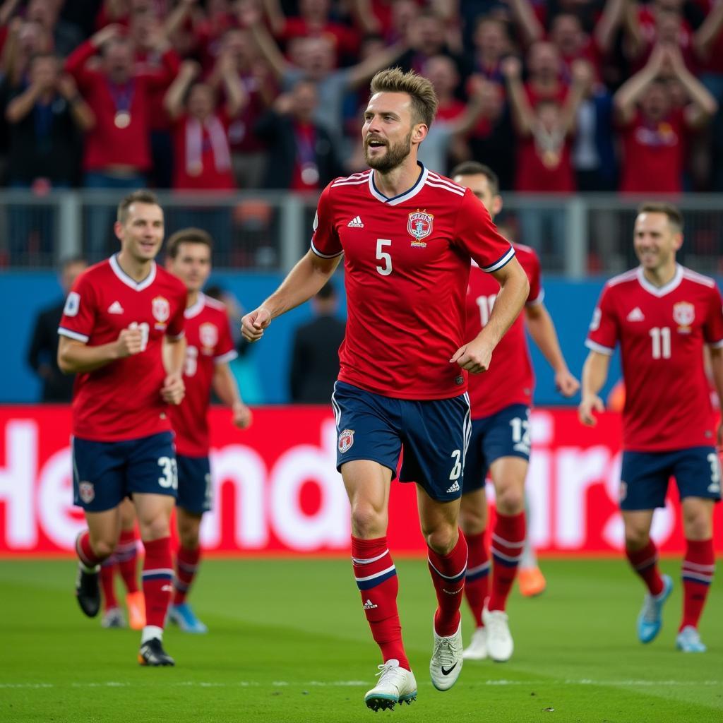 Haaland celebrates a goal for Norway with his teammates