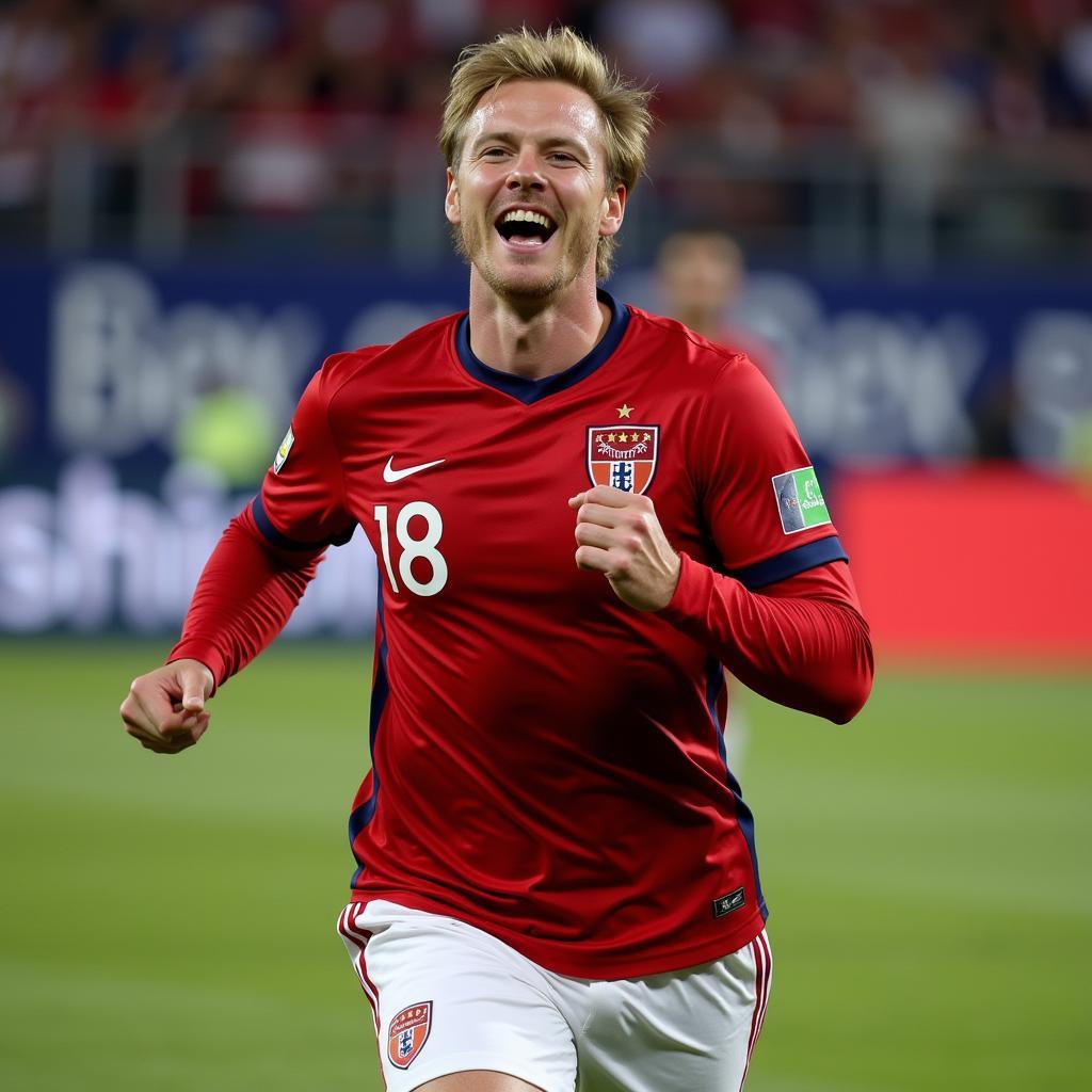 Erling Haaland celebrating a goal in Norway's national jersey