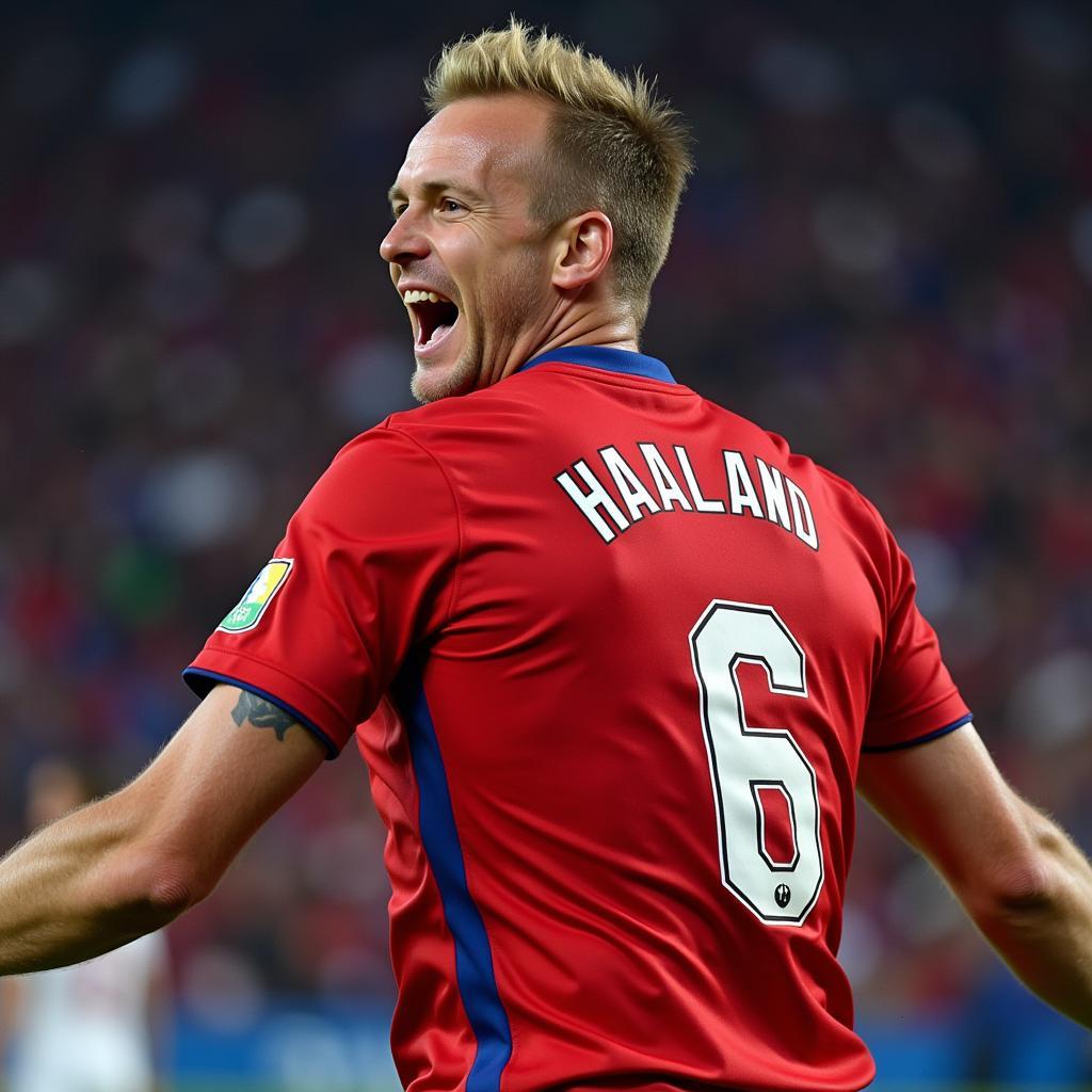 Erling Haaland celebrating a goal in his Norway jersey