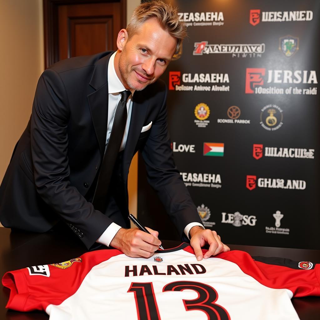 Erling Haaland signing a jersey for a Palestinian charity auction