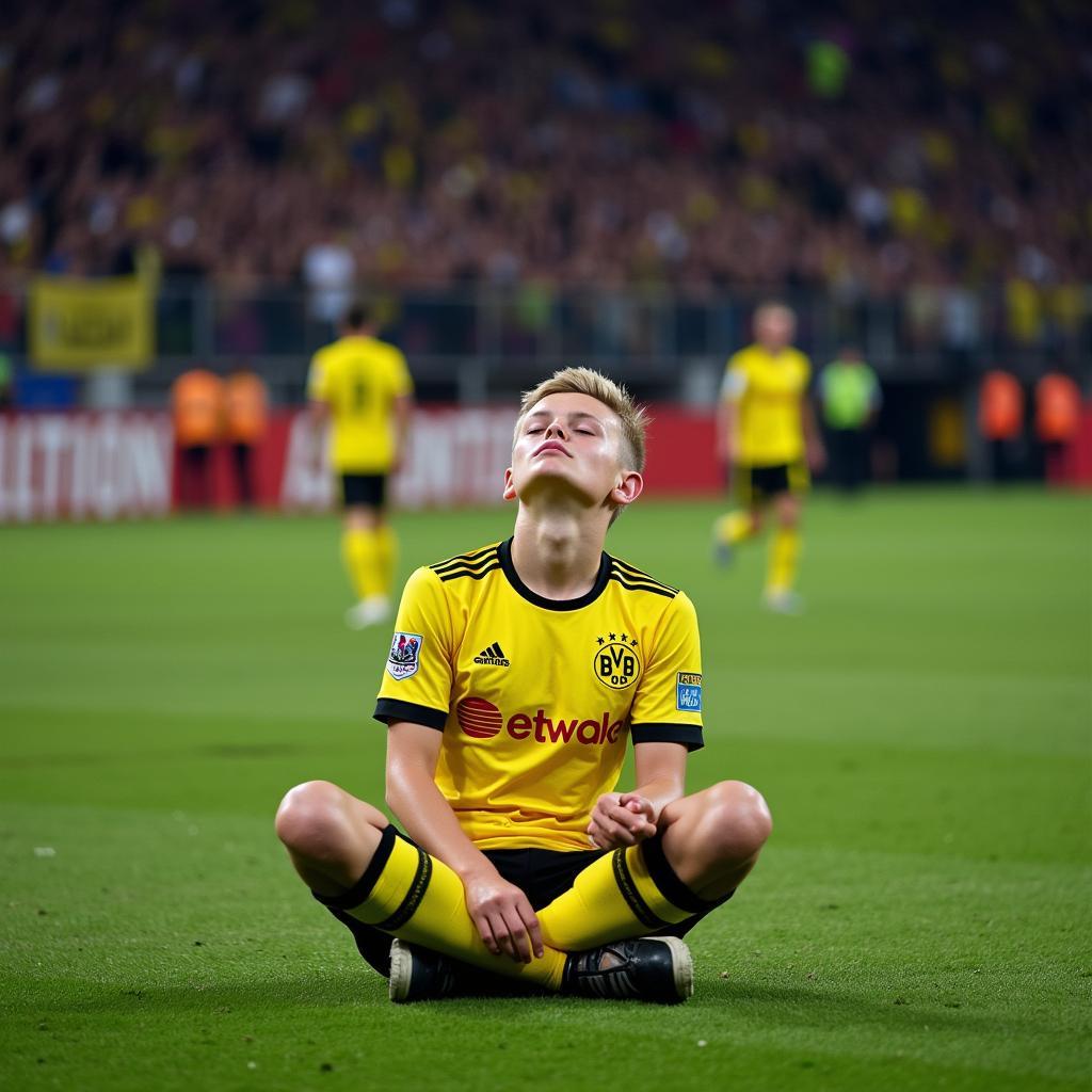 Erling Haaland performing his peace celebration after scoring a goal for Borussia Dortmund