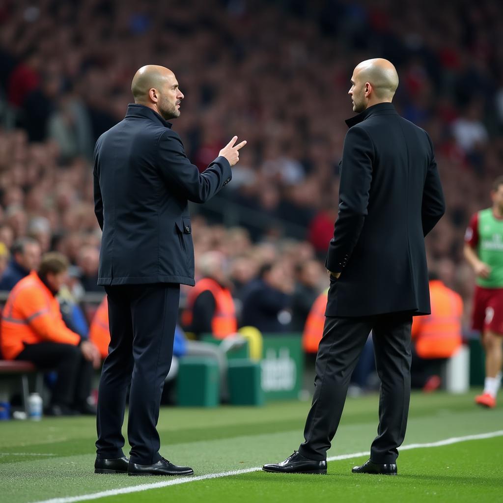 Pep Guardiola talking to Erling Haaland on the sidelines