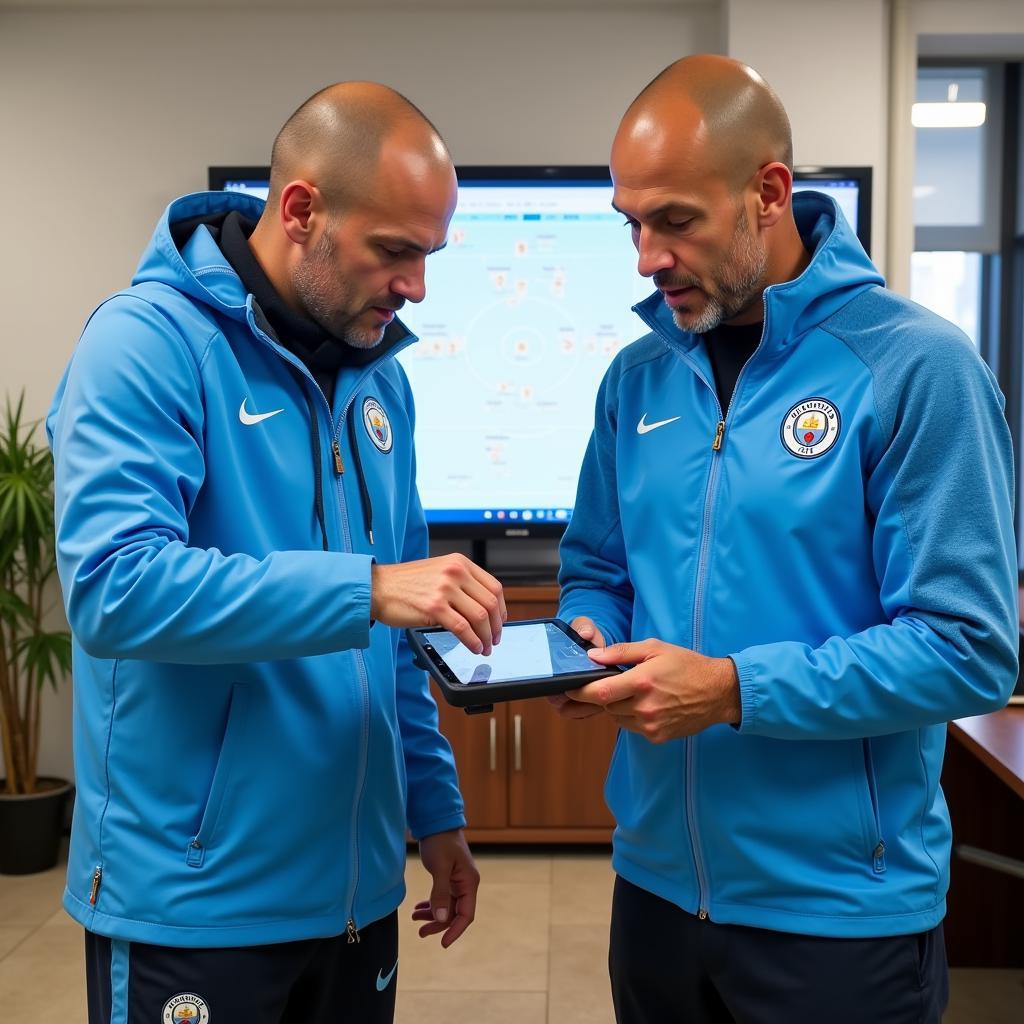 Haaland discussing tactics with Pep Guardiola