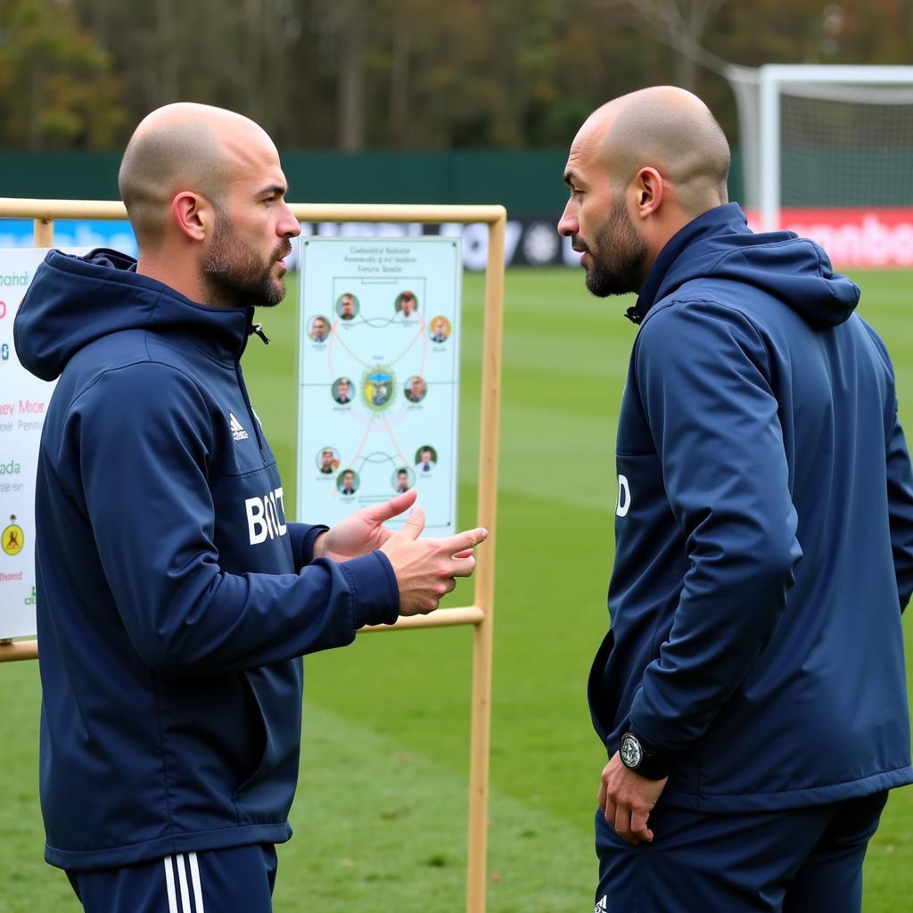 Haaland and Pep Guardiola discussing tactics on the training ground