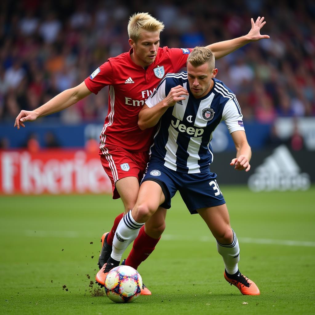 Haaland jostling for position with a defender